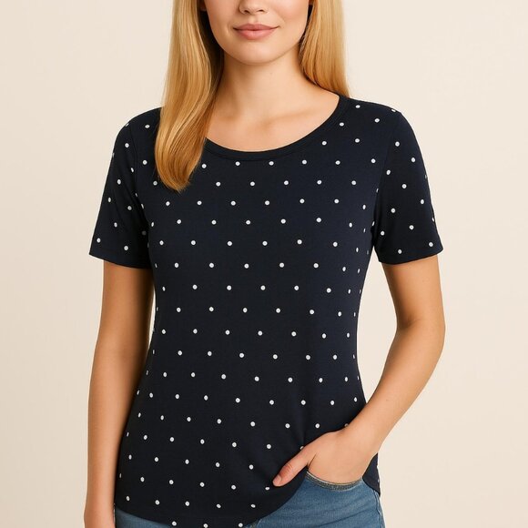 Ann Taylor LOFT M Black Short Sleeve Polka Dot Stretch Tee Classic Shirt - Picture 1 of 7
